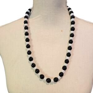 Necklace Vintage Black White Beaded Acrylic Single Strand 24" Retro SKU2338